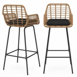Lot de 2 tabourets de bar avec accoudoirs effet rotin beige pieds métal noir*IDMarket Hot