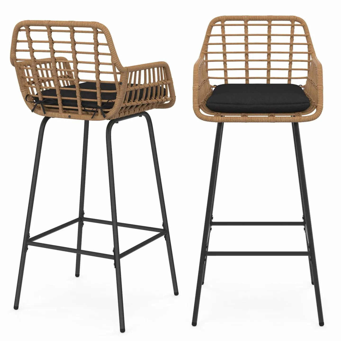 Lot de 2 tabourets de bar avec accoudoirs effet rotin beige pieds métal noir*IDMarket Hot
