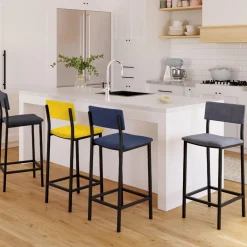 Lot de 4 tabourets de bar en velours et métal mix color : bleu, gris et jaune*IDMarket