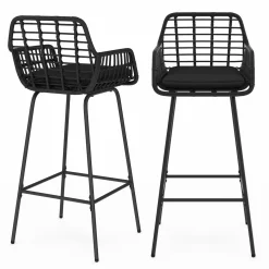 Lot de 2 tabourets de bar avec accoudoirs noir effet rotin pieds métal noir*IDMarket Best
