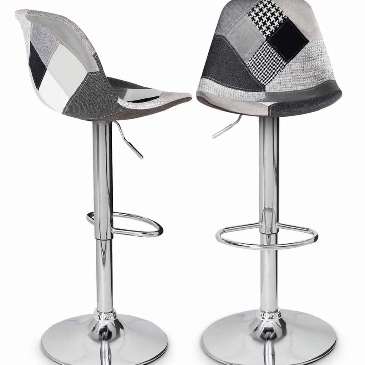 Lot de 2 tabourets de bar design pied chromé assise patchwork noir, gris et blanc*IDMarket Discount