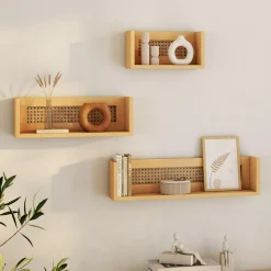 Lot de 3 étagères murales bois et cannage 60/45/30 cm*IDMarket Online