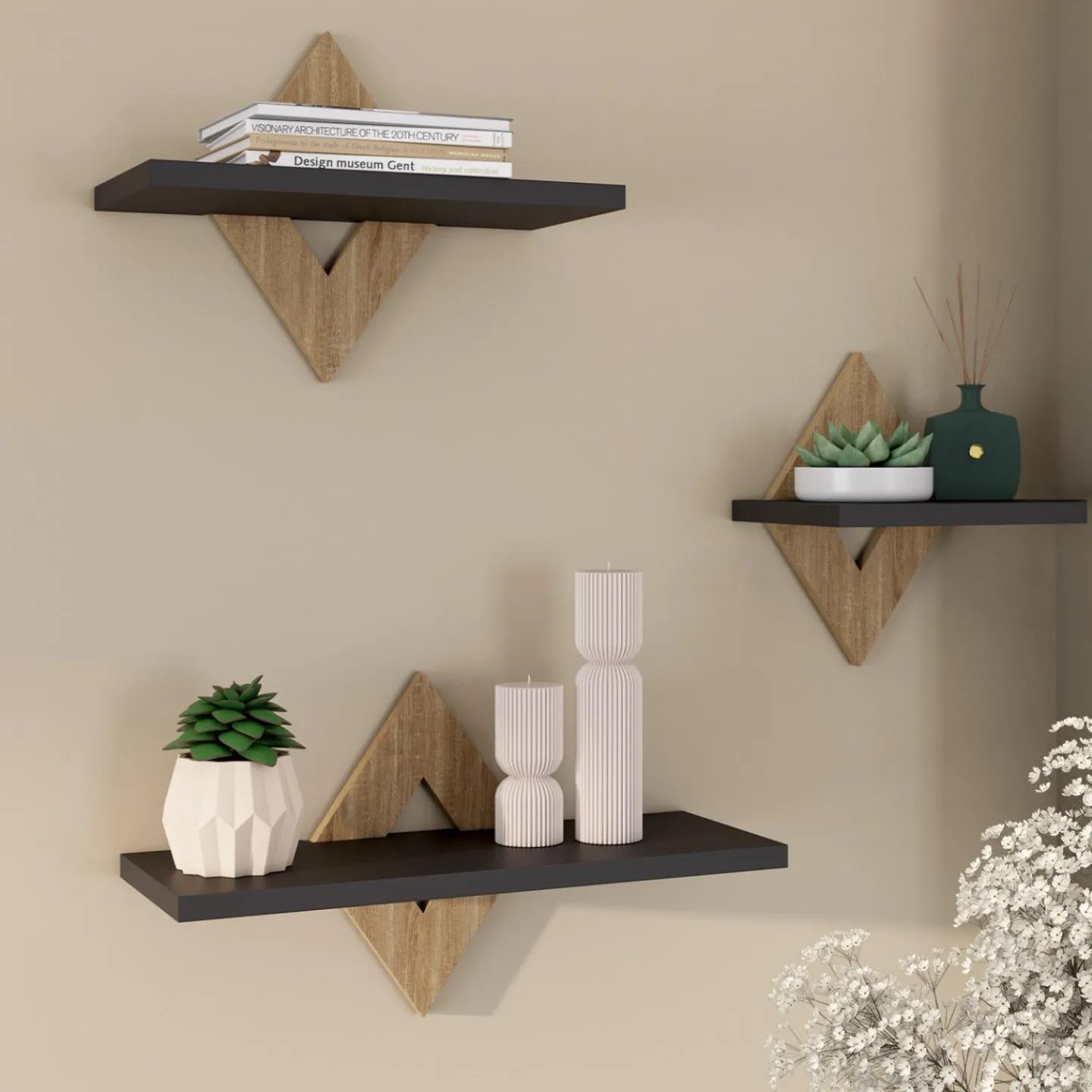 Lot de 3 étagères murales couleur hêtre et noir*IDMarket Clearance