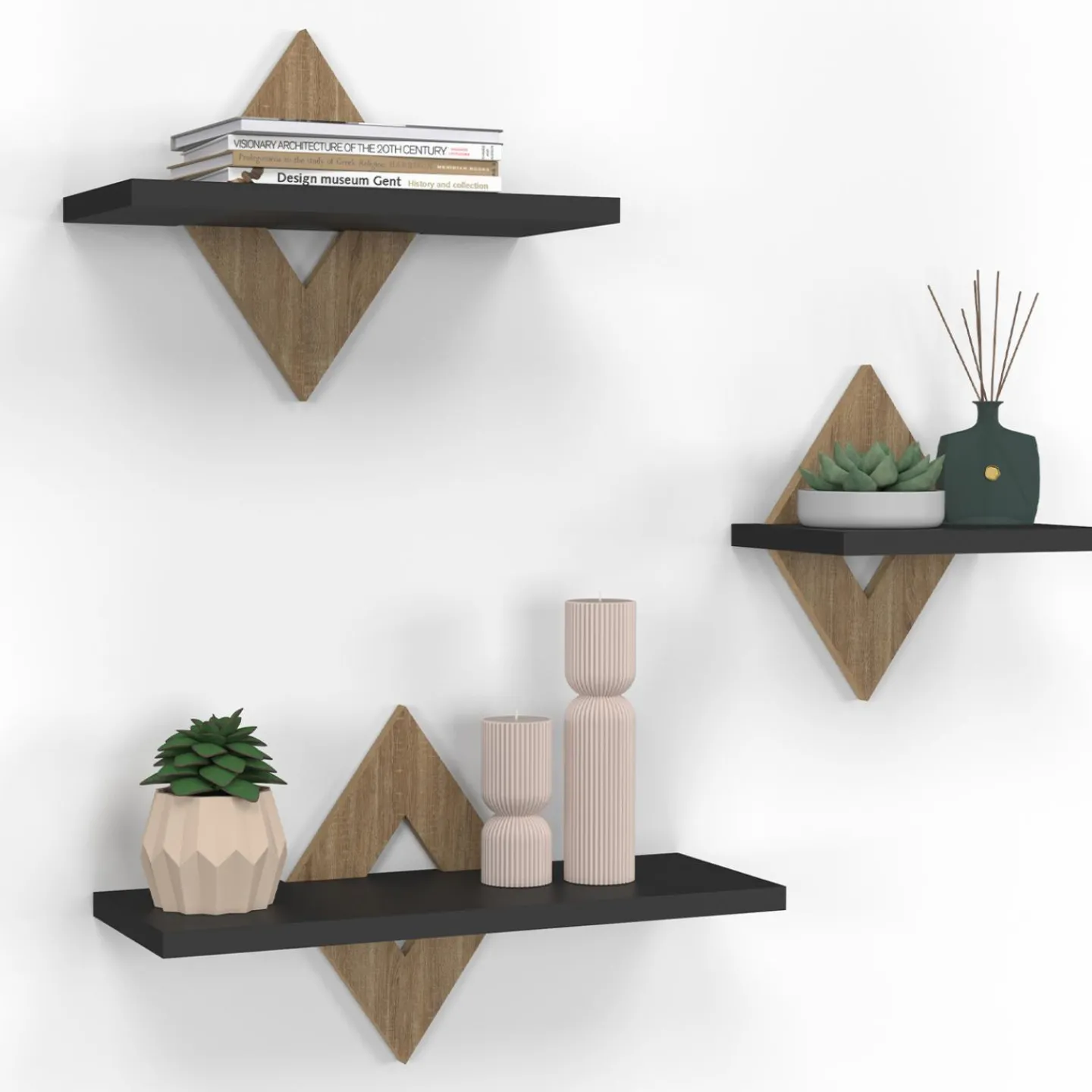 Lot de 3 étagères murales couleur hêtre et noir*IDMarket Clearance