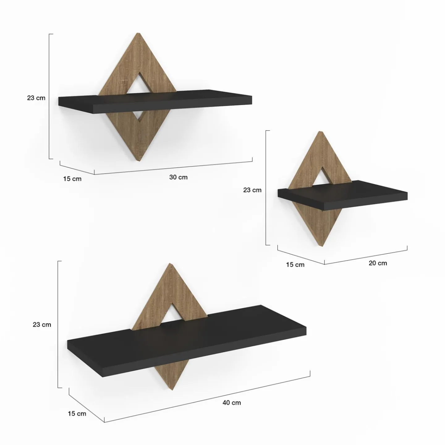 Lot de 3 étagères murales couleur hêtre et noir*IDMarket Clearance