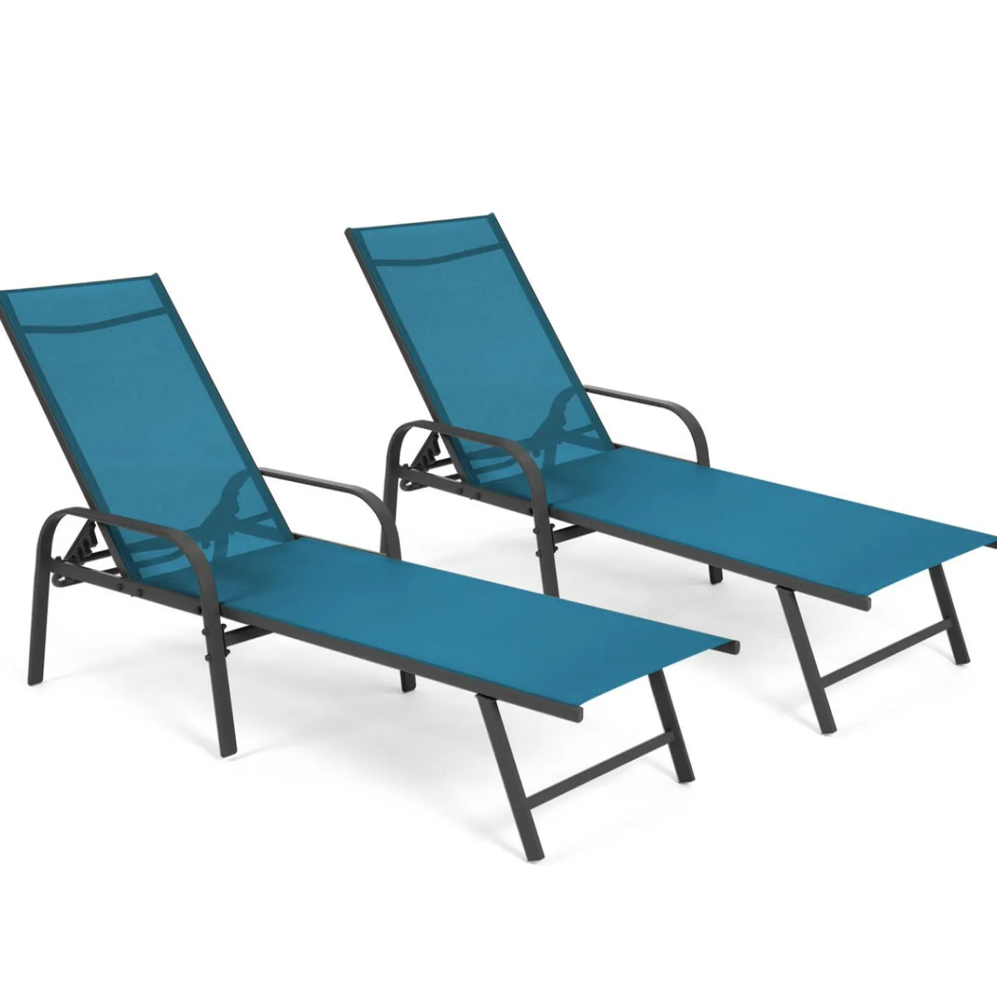Lot de 2 transats de jardin inclinables toile bleu canard et acier gris anthracite*IDMarket
