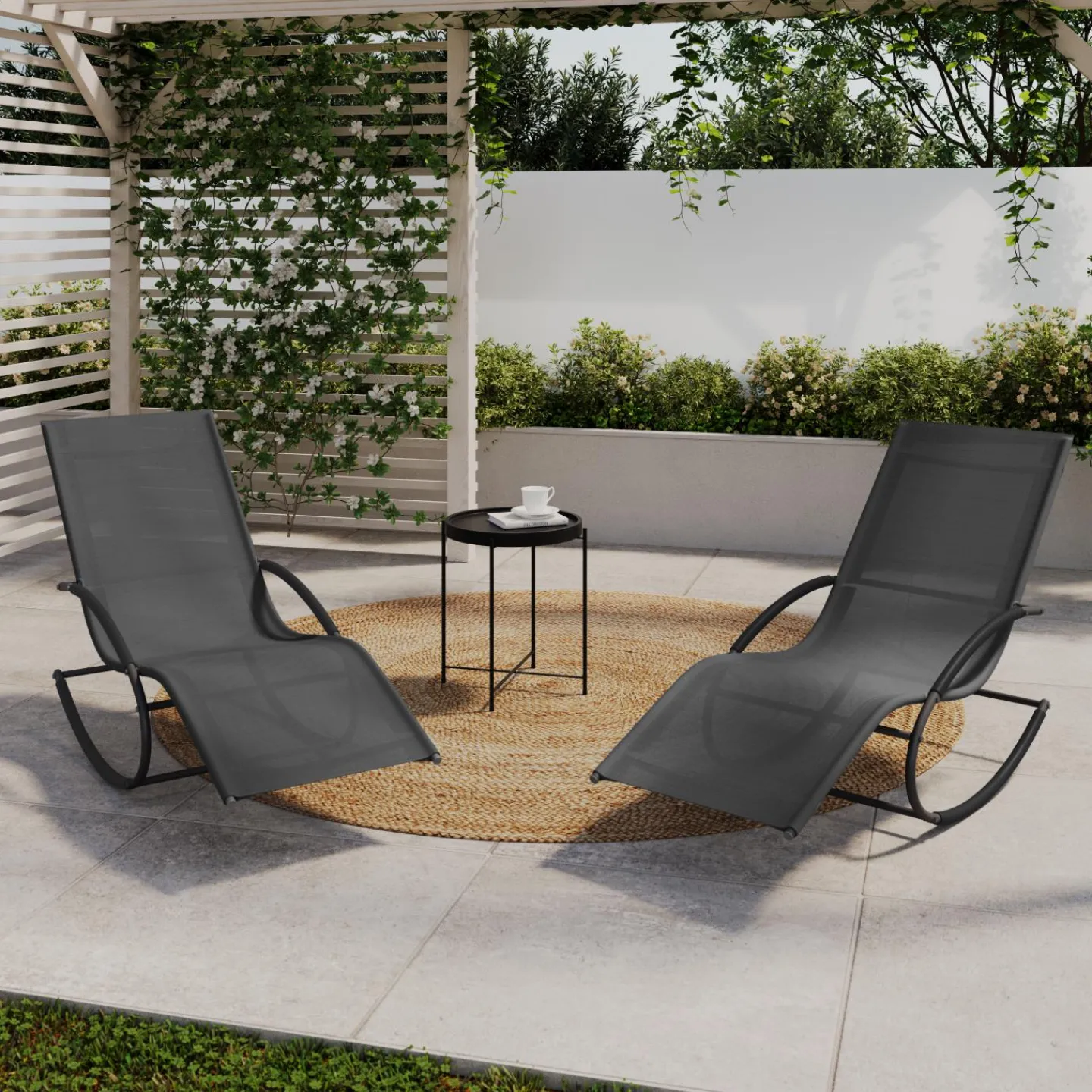 Lot de 2 transats de jardin à bascule gris en acier et avec une toile grise*IDMarket Online
