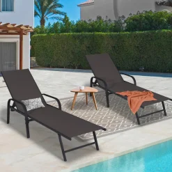 Lot de 2 transats inclinables pour jardin en acier noir et toile grise*IDMarket Online