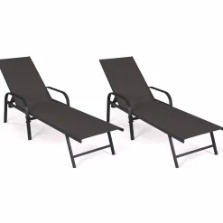 Lot de 2 transats inclinables pour jardin en acier noir et toile grise*IDMarket Online