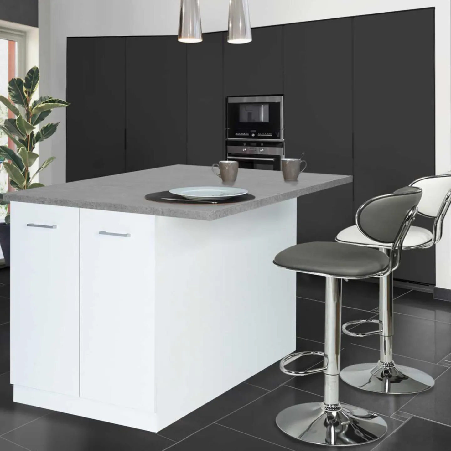 Îlot de cuisine blanc et plateau façon béton*IDMarket Online