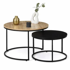 Lots de 2 tables basses rondes gigognes noir et bois industrielles*IDMarket Best