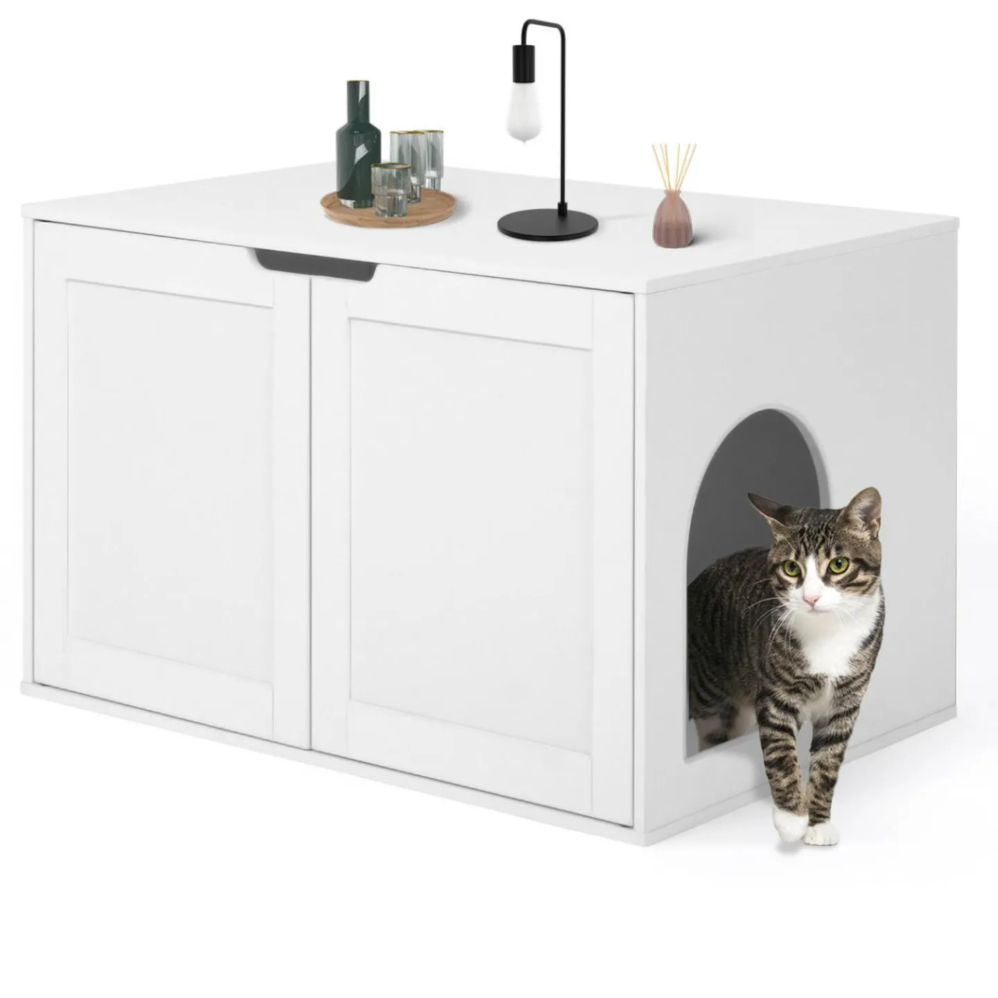 Maison de toilette pour chat - cache-litière avec doubles portes blanc*IDMarket Discount