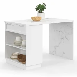 Mange-debout 4 personnes ilot central blanc et plateau marbre 130 cm*IDMarket Online