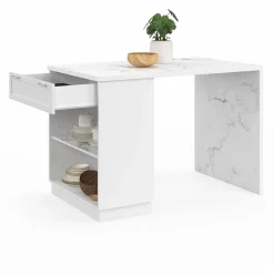 Mange-debout 4 personnes ilot central blanc et plateau marbre 130 cm*IDMarket Online