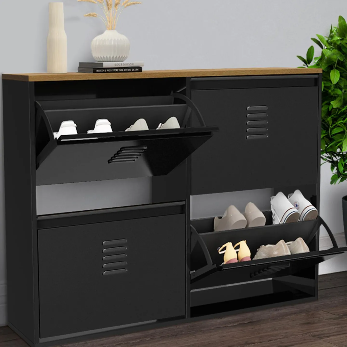 Meuble à chaussures industriel 20 paires 4 portes métalliques plateau bois*IDMarket Outlet