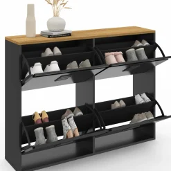 Meuble à chaussures industriel 20 paires 4 portes métalliques plateau bois*IDMarket Outlet