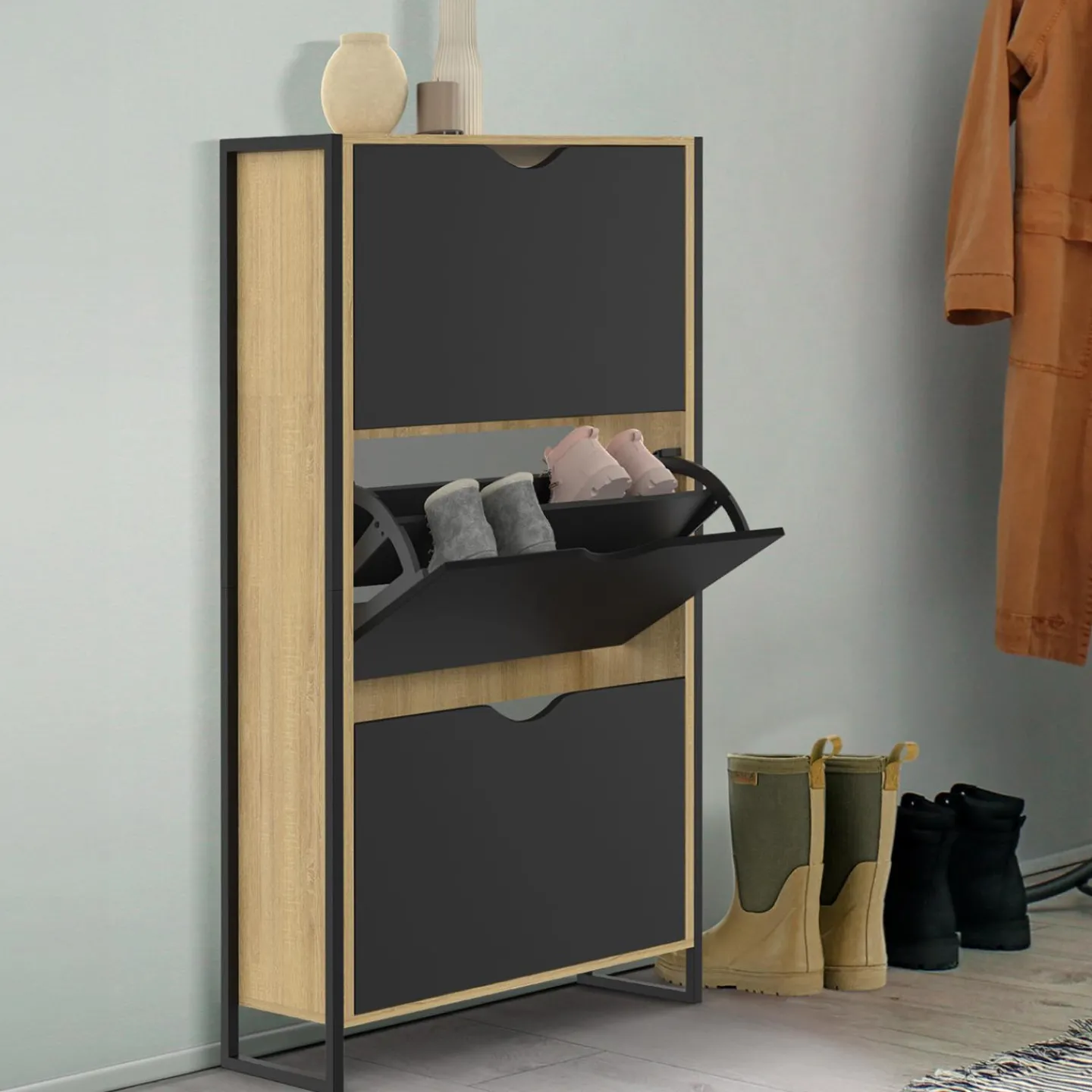 Meuble à chaussures industriel avec 3 portes*IDMarket Discount