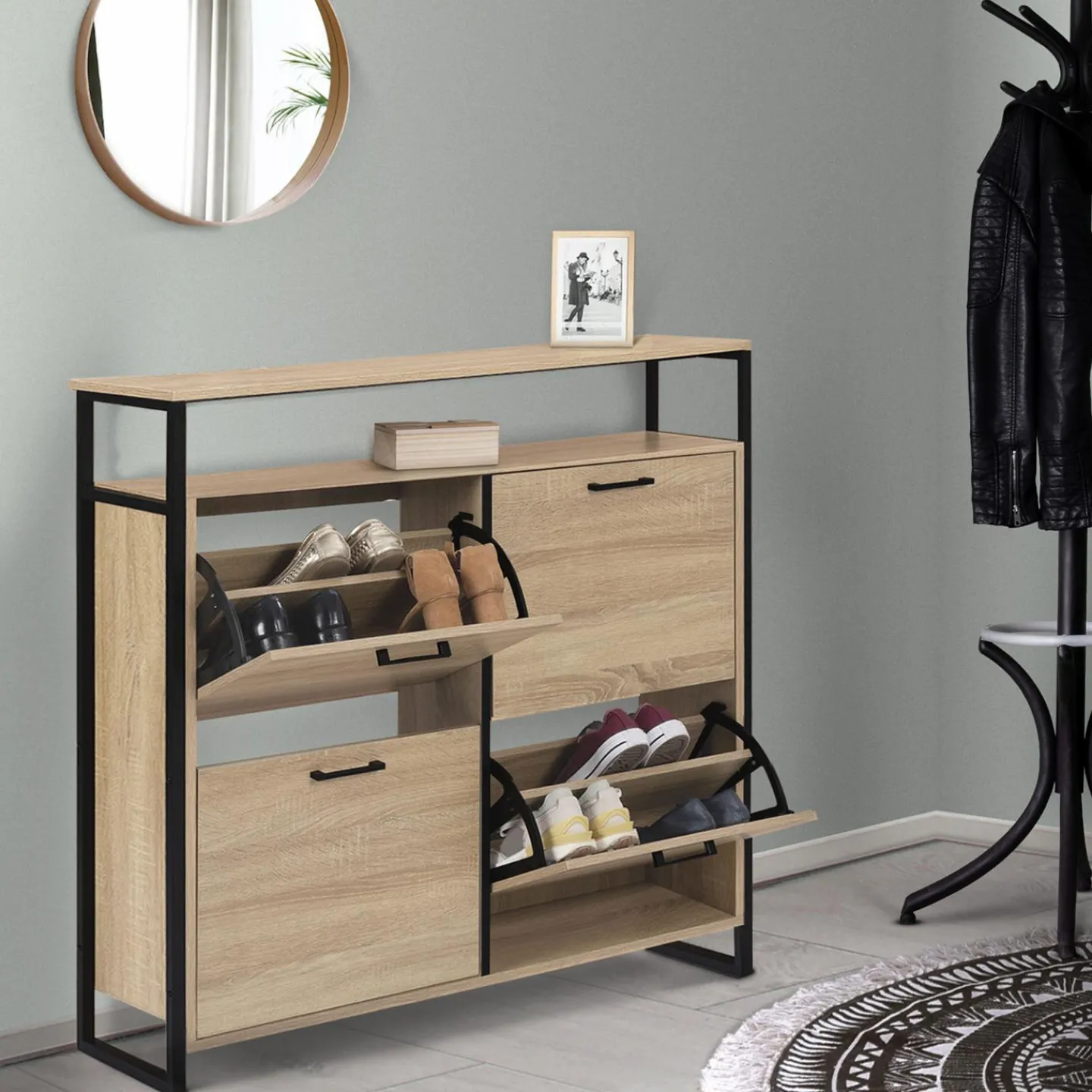 Meuble à chaussures style industriel 4 portes et étagère*IDMarket