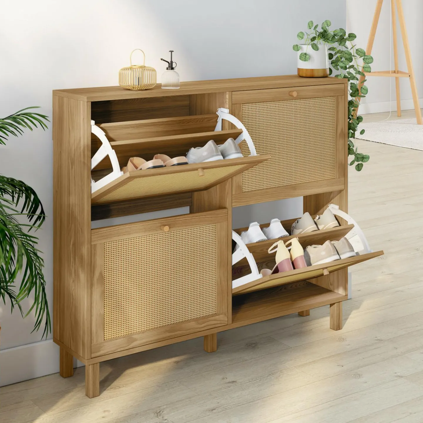 Meuble à chaussures vintage effet naturel cannage 20 paires 4 portes*IDMarket New