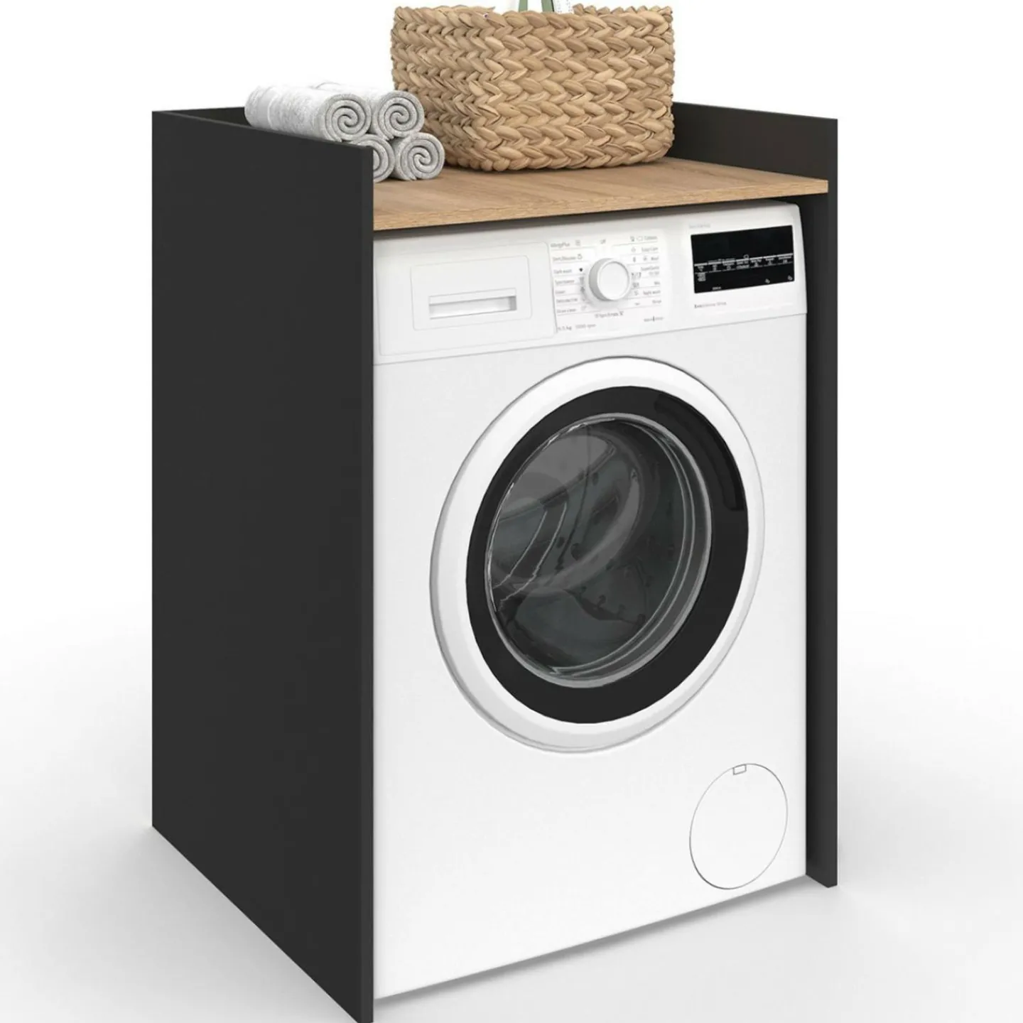 Meuble armoire pour machine à laver noir et bois façon hêtre*IDMarket Online