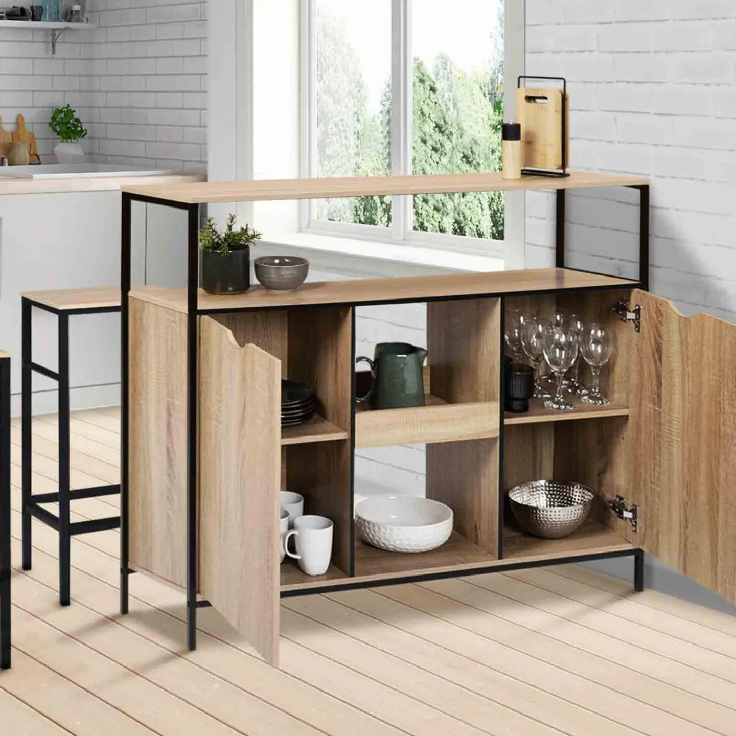 Meuble bar industriel en bois et métal avec portes et étagères*IDMarket Clearance