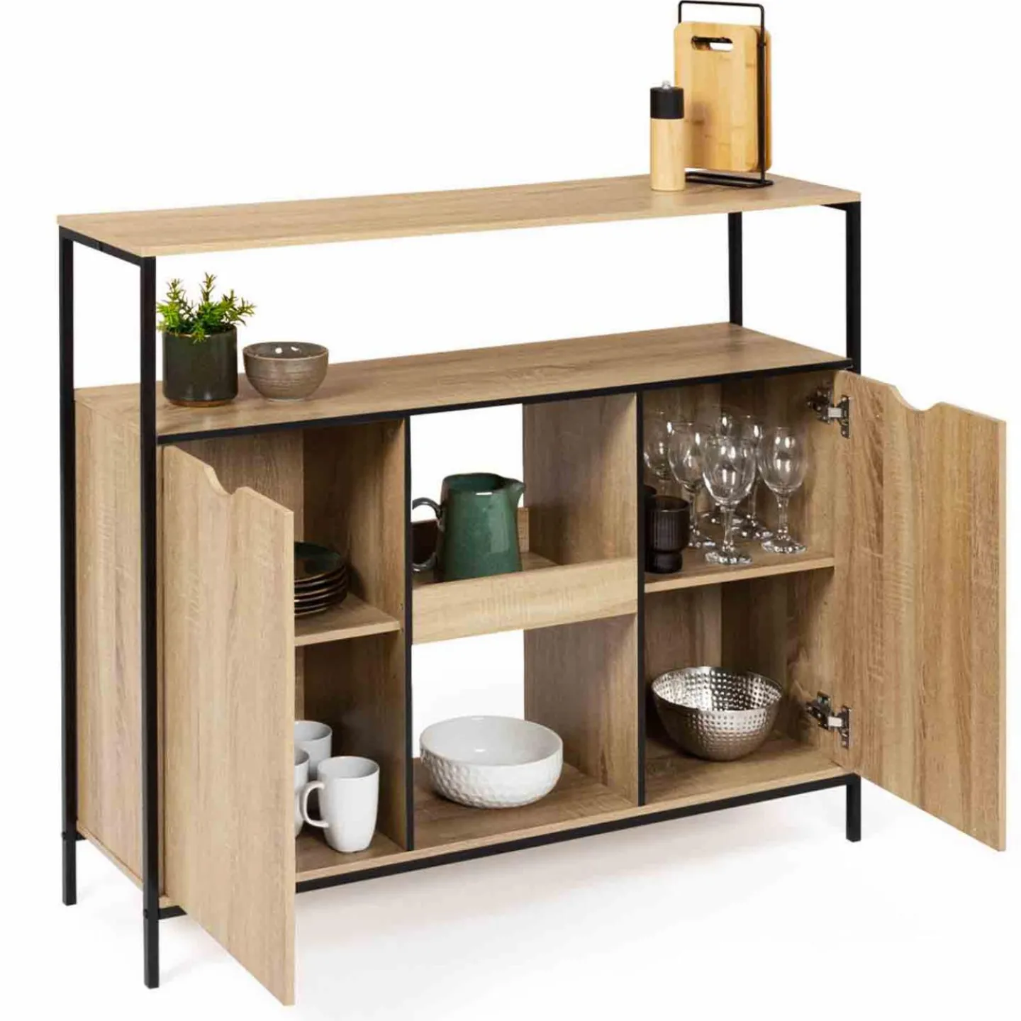 Meuble bar industriel en bois et métal avec portes et étagères*IDMarket Clearance