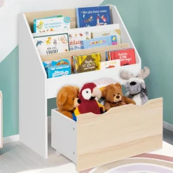 Meuble bibliothèque pour enfant blanc et hêtre avec 3 étagères et 1 bac*IDMarket Discount