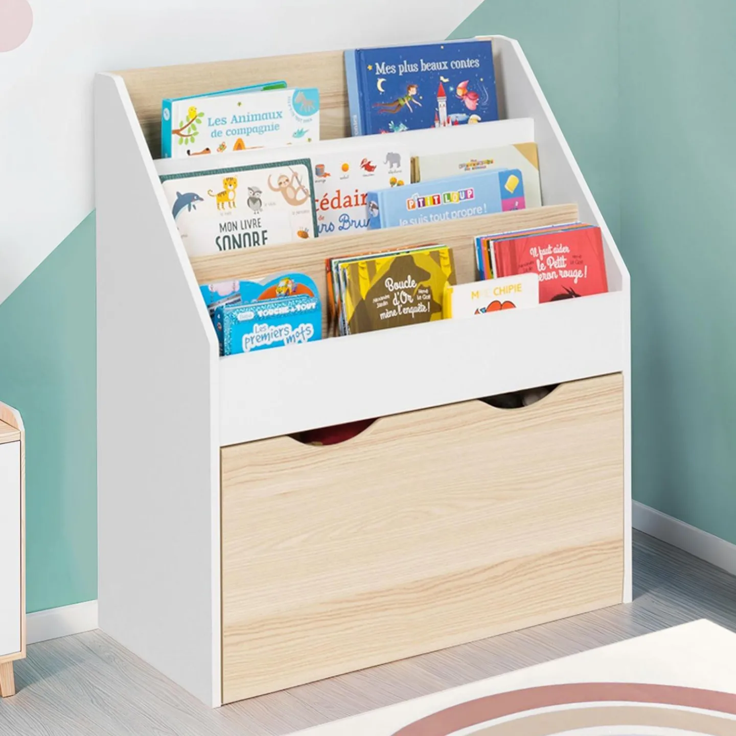 Meuble bibliothèque pour enfant blanc et hêtre avec 3 étagères et 1 bac*IDMarket Discount