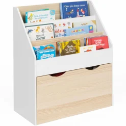 Meuble bibliothèque pour enfant blanc et hêtre avec 3 étagères et 1 bac*IDMarket Discount