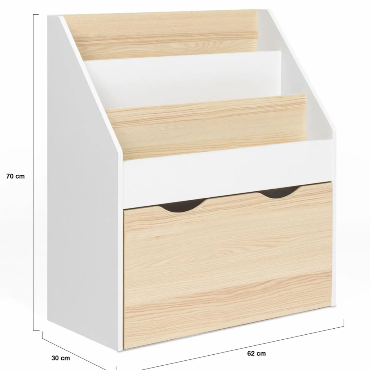 Meuble bibliothèque pour enfant blanc et hêtre avec 3 étagères et 1 bac*IDMarket Discount