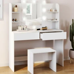 Meuble coiffeuse blanche avec miroir LED et tabouret*IDMarket Sale