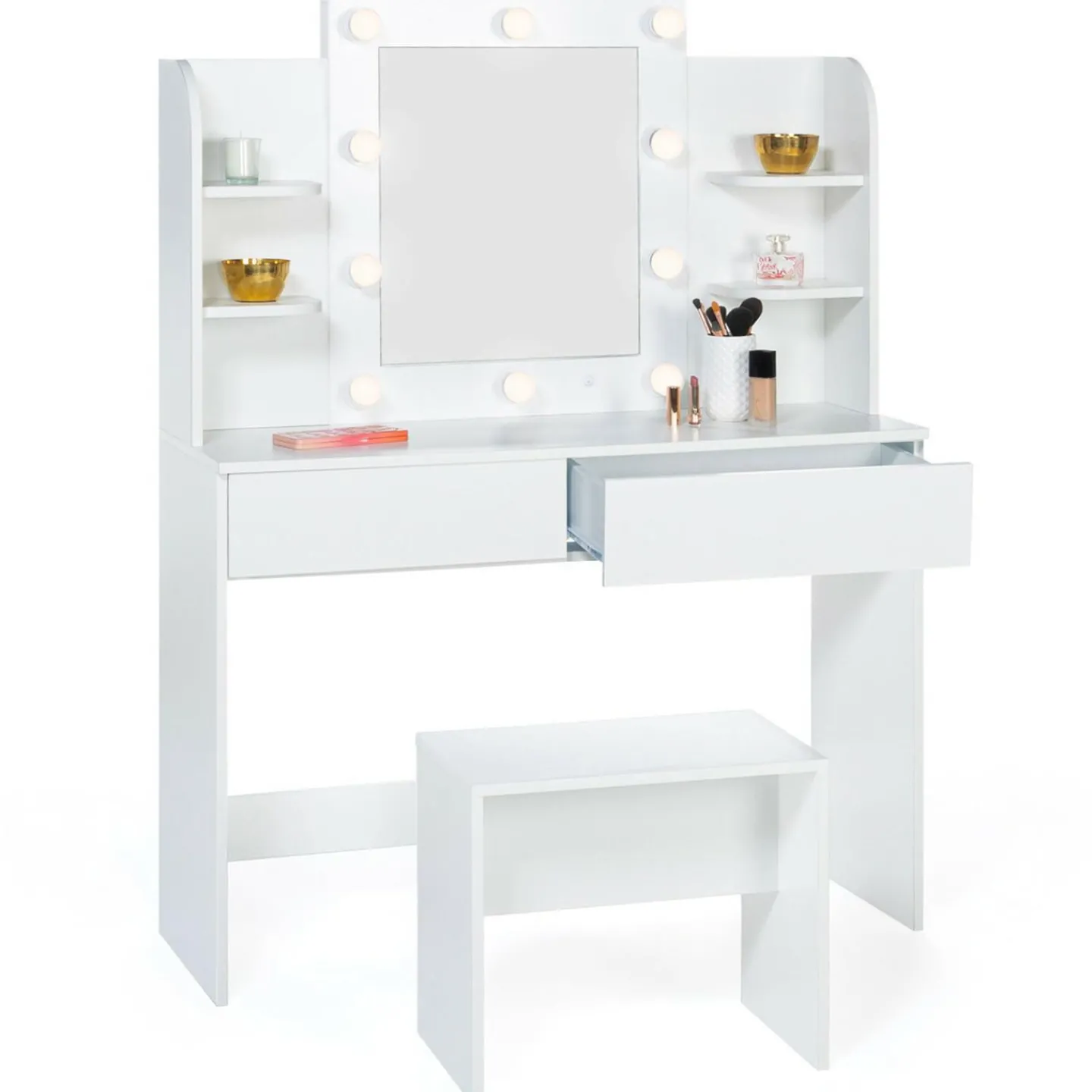 Meuble coiffeuse blanche avec miroir LED et tabouret*IDMarket Sale