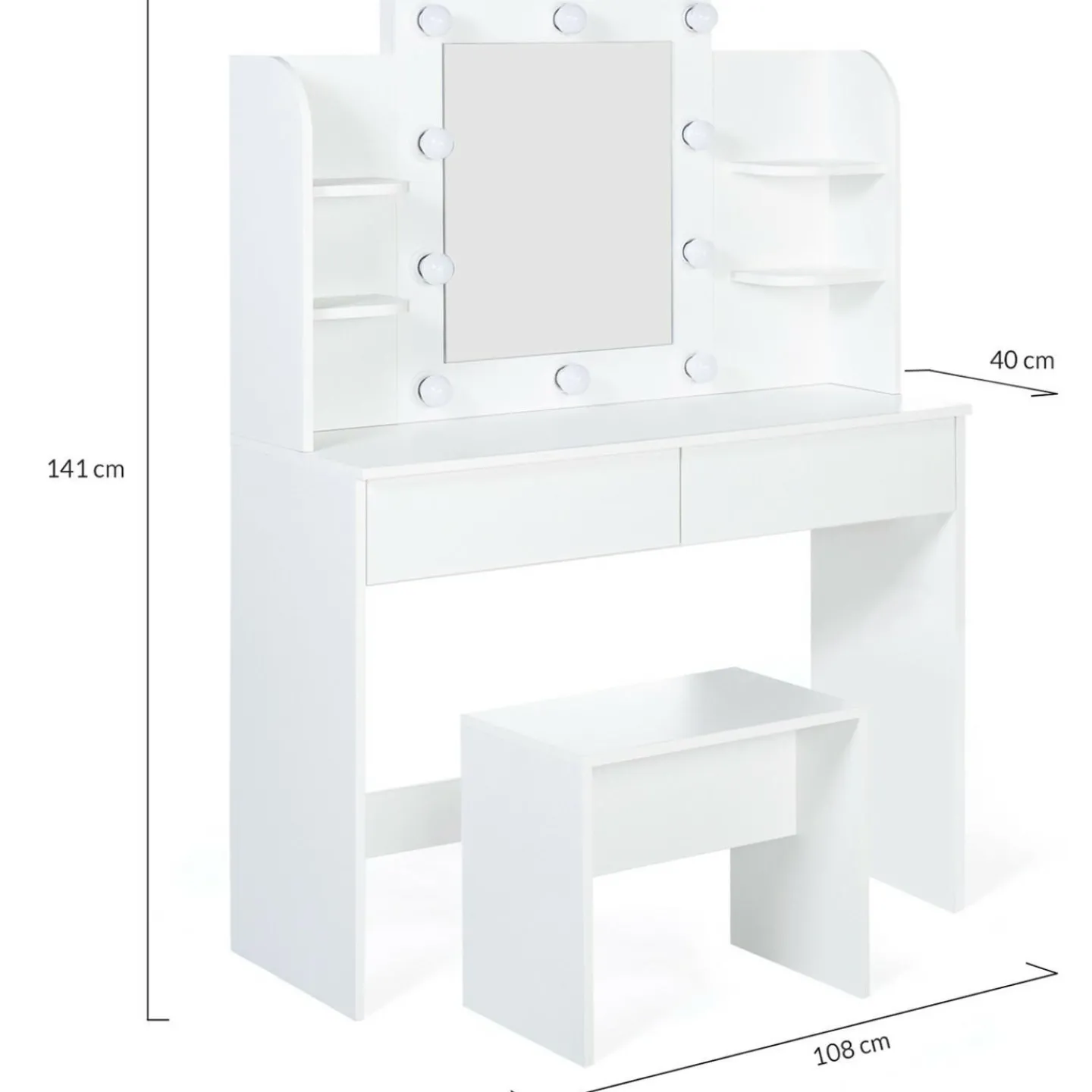 Meuble coiffeuse blanche avec miroir LED et tabouret*IDMarket Sale