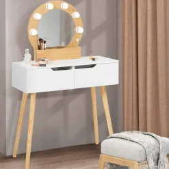 Meuble coiffeuse blanche style scandinave avec miroir LED et tiroirs*IDMarket Hot