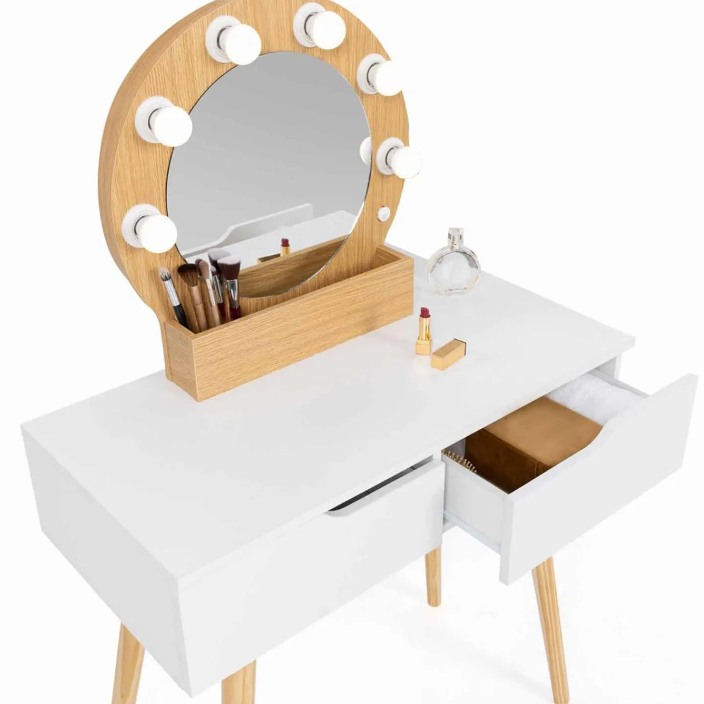 Meuble coiffeuse blanche style scandinave avec miroir LED et tiroirs*IDMarket Hot