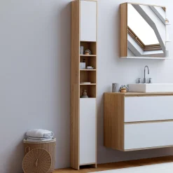 Meuble colonne salle de bain 2 portes 4 niches façon hêtre et blanc*IDMarket Hot