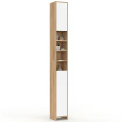 Meuble colonne salle de bain 2 portes 4 niches façon hêtre et blanc*IDMarket Hot
