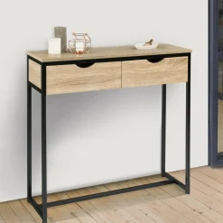 Meuble console industrielle 2 tiroirs bois et métal 90 cm*IDMarket Best