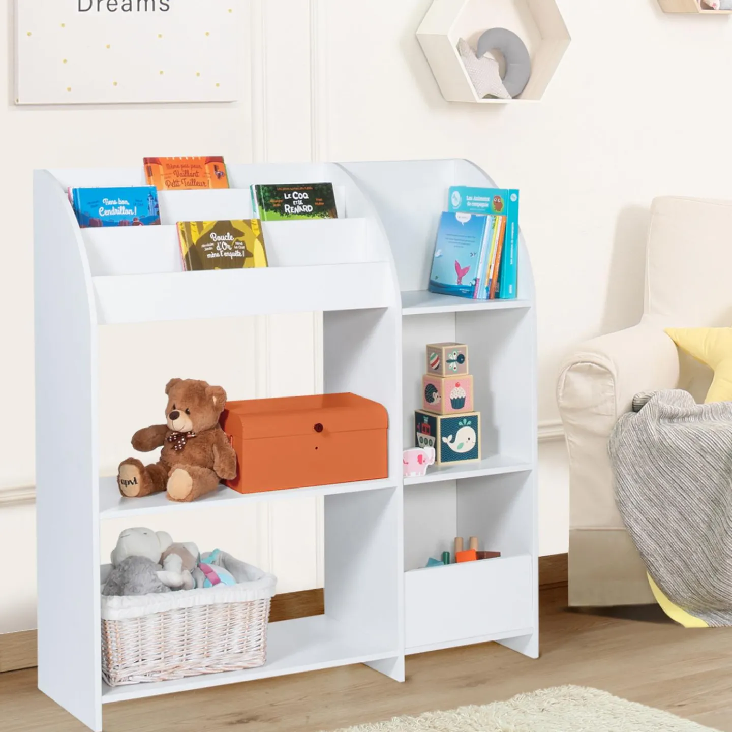 Meuble de rangement blanc pour jouets avec étagère bibliothèque*IDMarket