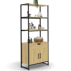 Meuble de rangement design industriel salle de bain avec 3 étages 1 placard 1 tiroir*IDMarket Online