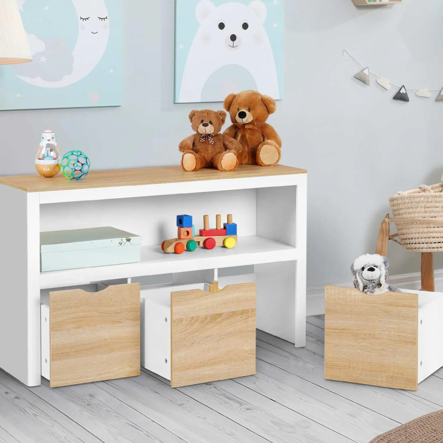 Meuble de rangement pour enfant 3 tiroirs blanc et hêtre*IDMarket Outlet