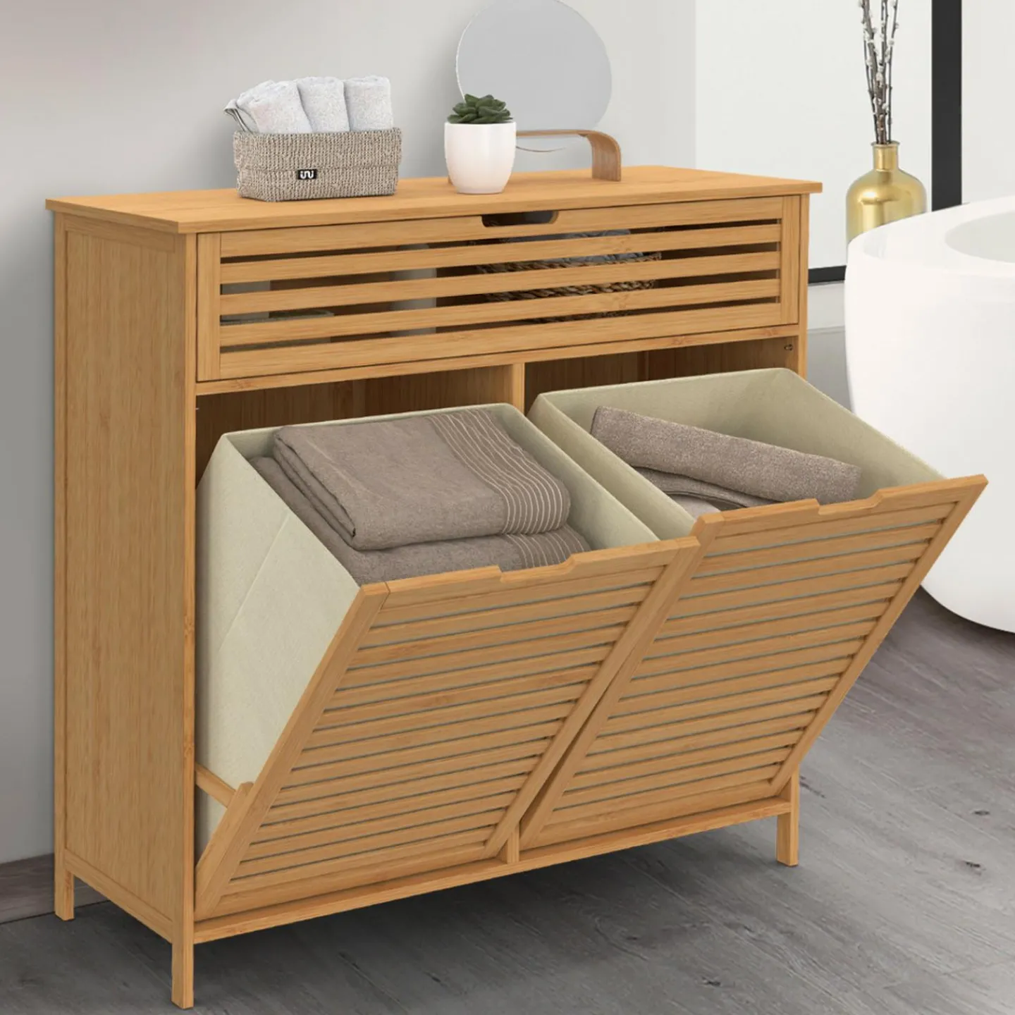 Meuble de rangement salle de bain bambou BEA 2 paniers à linge amovibles 1 tiroir tissu écru*IDMarket Sale
