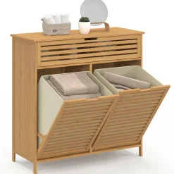 Meuble de rangement salle de bain bambou BEA 2 paniers à linge amovibles 1 tiroir tissu écru*IDMarket Sale