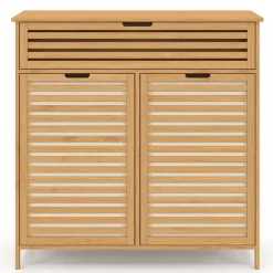 Meuble de rangement salle de bain bambou BEA 2 paniers à linge amovibles 1 tiroir tissu écru*IDMarket Sale