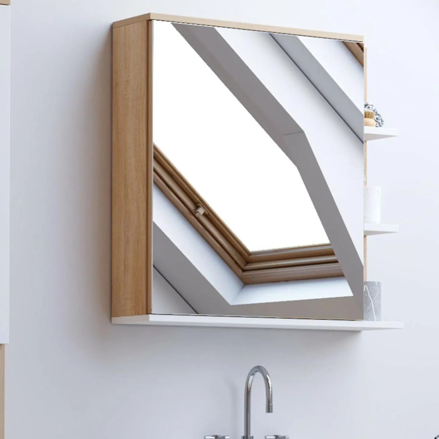 Meuble de rangement suspendu avec miroir et étagères pour salle de bain façon hêtre et blanc*IDMarket Clearance