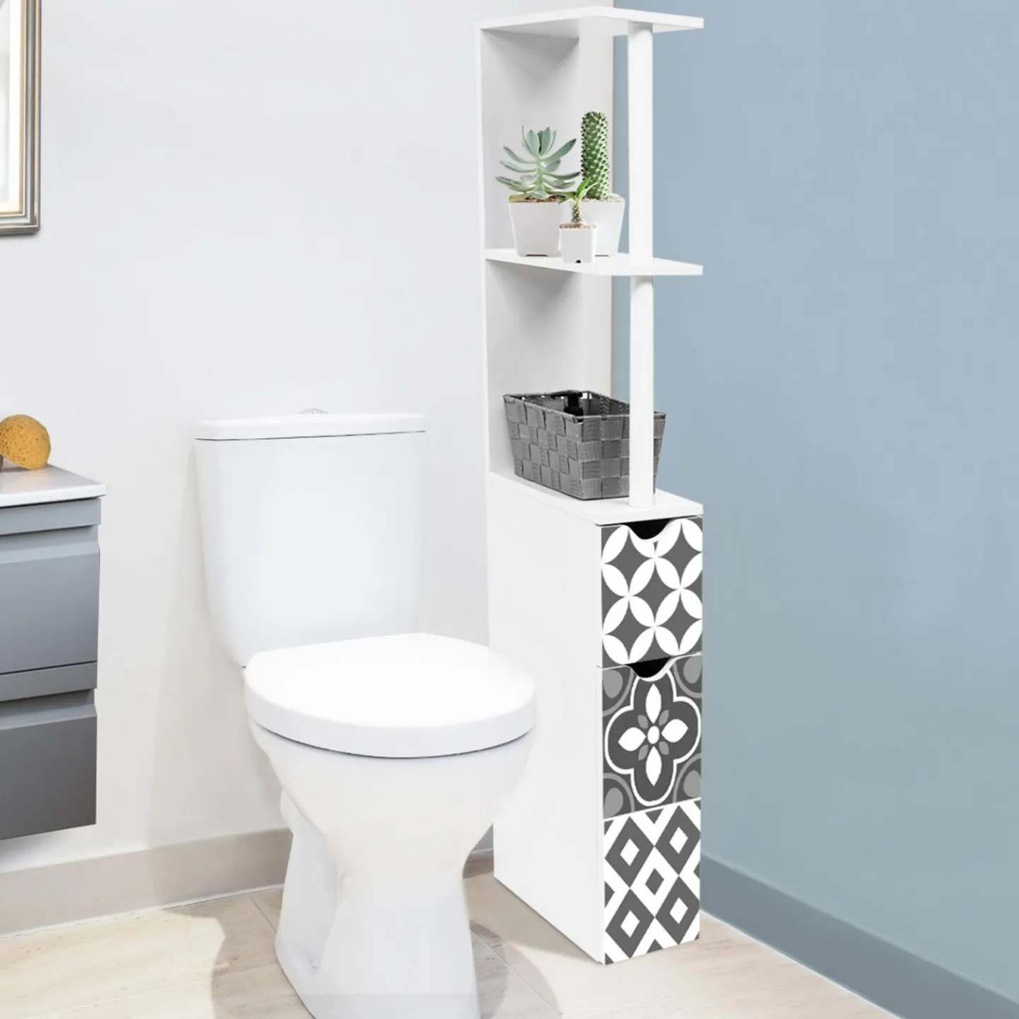 Meuble de toilette blanc et gris motif carreaux de ciment*IDMarket Best