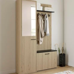 Meuble d’entrée vestiaire effet bois et noir avec banc rangement à chaussures, miroir 1 porte et étagères*IDMarket New