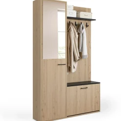 Meuble d’entrée vestiaire effet bois et noir avec banc rangement à chaussures, miroir 1 porte et étagères*IDMarket New