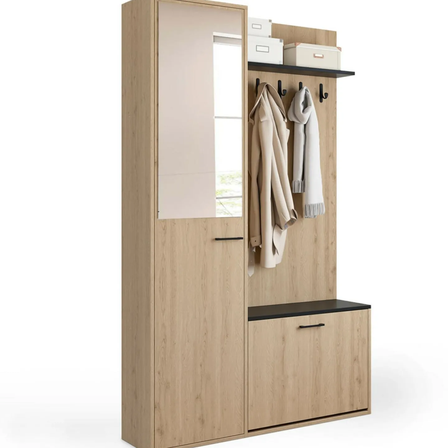 Meuble d’entrée vestiaire effet bois et noir avec banc rangement à chaussures, miroir 1 porte et étagères*IDMarket New