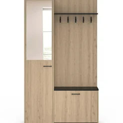 Meuble d’entrée vestiaire effet bois et noir avec banc rangement à chaussures, miroir 1 porte et étagères*IDMarket New
